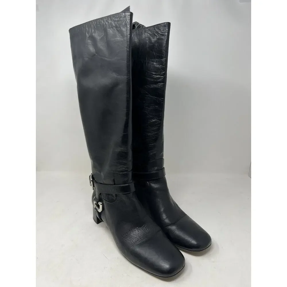 PRADA CAVALIERE Black 2011‎ EUC Knee High Harness SHOES BOOTS 39